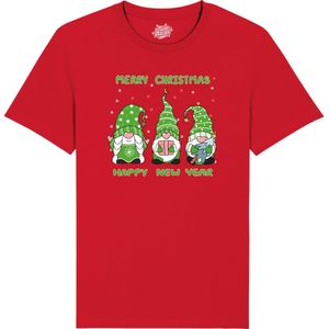 Christmas Gnomies Groen - Foute kersttrui kerstcadeau - Dames / Heren / Unisex Kerst Kleding - Grappige Feestdagen Outfit - Unisex T-Shirt - Rood - Maat XXL