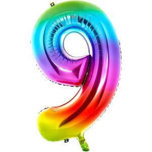 Cijfer Ballon nummer 9 - Helium Ballon - Grote verjaardag ballon - 32 INCH - Regenboog  - Met opblaasrietje!