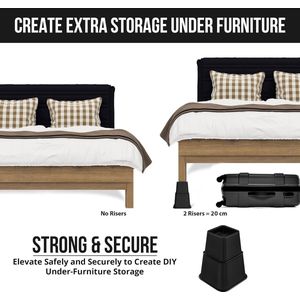 8 Stuk Hoogwaardige, verstelbare meubelverhogers (4 Hoge en 4 Korte) – Voor intensief gebruik en zeer ruimtebesparend - Voor Bedr, tafel, stoel of Sofa (7 tot 20cm) (Zwart)