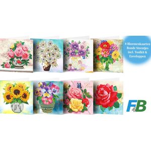 F4B 8-Delig Bloemenkaarten (1) Diamond Painting 15x15cm | Ronde Steentjes | Met Enveloppen | Bloemen | Kaartenset | Rozen | Zonnebloemen | Kinderen | Pakket Volwassenen en Kinderen
