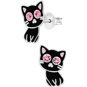 Oorbellen meisje | Zilveren kinderoorbellen | Zilveren oorstekers, zwarte kat met roze kristal-ogen