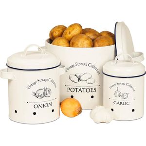 Voorraadpotten Set van 3 | Uienpot, Knoflookpot en Aardappelbak met Deksel | Bewaarblik Retro/Vintage | Bewaarpot Emaille met Ventilatiegaten