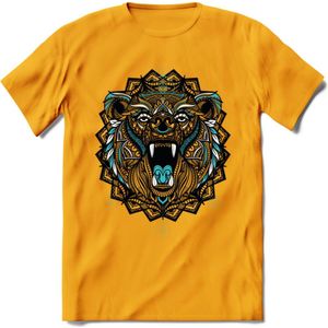 Beer - Dieren Mandala T-Shirt | Lichtblauw | Grappig Verjaardag Zentangle Dierenkop Cadeau Shirt | Dames - Heren - Unisex | Wildlife Tshirt Kleding Kado | - Geel - XL