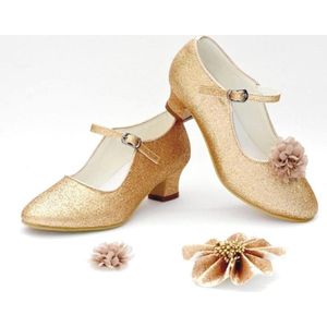 Prinsessen schoenen goud glitter communie schoentjes met hakken + GRATIS bloemclips (maat 28 - 19cm)
