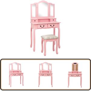 Roze Kaptafelset met Kruk - 80x69x141 cm Kaptafel - Make-up Tafel - Dressing Table - Rozen Kleur - Paulownia Hout