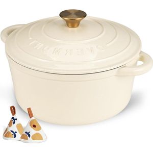 Gietijzeren braadpan van emaille 26 cm - Voor oven - Met deksel en kookboek - Wit