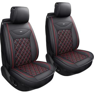 Luxe autostoelhoezen voorstoelen leer universeel, zwart & rood ruitmotief lederlook, bestuurdersstoel en passagiersstoel lederen autostoelhoezen compatibel airbag slijtvast kunstleer