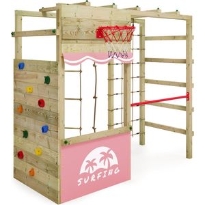 WICKEY klimtoestel outdoor speeltoestel Smart Action met pastelroze zeil, speeltoestel met klimwand, basketbalring & speelaccessoires voor kinderen in de tuin van hout