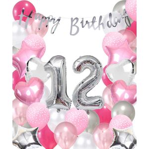 Snoes Ballonnen 12 Jaar Pink Blush Silver Mega Ballon - Compleet Feestpakket 12 Jaar - Verjaardag Versiering Slinger Happy Birthday – Folieballon – Latex Ballonnen - Helium Ballonnen - Zilver en Roze Verjaardag Decoratie