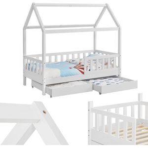 Kinderbed 90 x 200 cm met Bedlade en Valbeveiliging - Massief Houten Huisbed voor Kinderen