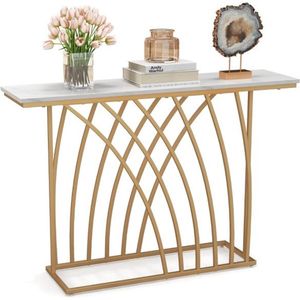 SureDeal® - 120 cm - Gouden Consoletafel - Moderne Entreetafel - Wit Kunstmarmeren Blad - Geometrische Basis - Slanke Lange Banktafel