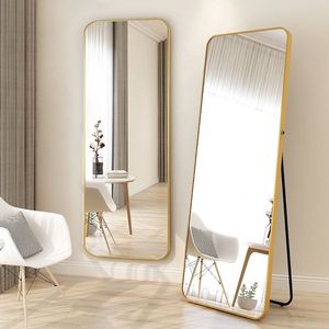 Buxibo Passpiegel - Minimalistische Design Wandspiegel - Staande Rechthoekige Spiegel met Metalen Rand - Modern - Kleedkamer Spiegel/ Badkamerspiegel - Goud - 60x165x3 CM