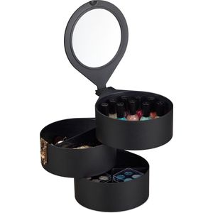 relaxdays make up organizer - rond - met spiegel - opbergdoos cosmetica - sieradenbakje zwart