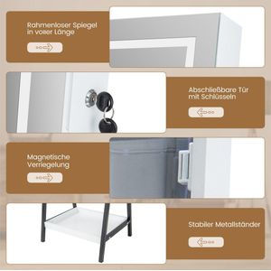 COSTWAY Sieradenkast met plank, spiegelkast afsluitbaar met full-body spiegel, 3 gekleurde ledlampen en 2 laden, vrijstaande sieradenorganizer voor slaapkamer, woonkamer