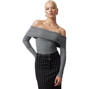 Trendyol Grijze Premium Garen/Speciale Garen Carmen Kraag Breiwerk Trui Twoaw25Kz00079