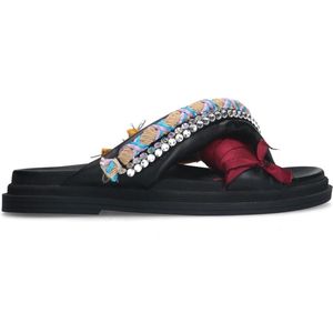 Sacha - Dames - Zwarte leren slippers met multicolor details - Maat 36