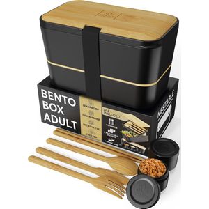 Umami® Bento Lunchbox volwassenen (Zwarte Bamboe), inclusief bestek en 2 sauspotten - Bento Box, Lunch box voor de magnetron, Ingebouwde lunchbox voor volwassenen - Voedselbox met 4 compartimenten, Bento Box, Voedselbox