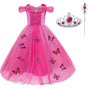 Het Betere Merk - Prinsessenjurk meisje - Roze vlinders - Verkleedkleren meisje - Maat 110/116 (120) - Toverstaf - Kroon - Tiara - Roze jurk - Fuchsia - Carnavalskleding kinderen