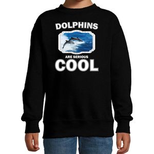 Dieren dolfijnen sweater zwart kinderen - dolphins are serious cool trui jongens/ meisjes - cadeau dolfijn groep/ dolfijnen liefhebber - kinderkleding / kleding 152/164