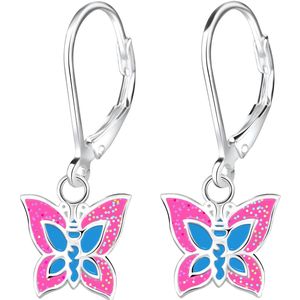 Joy|S - Zilveren vlinder oorbellen - roze blauw met glitters - leverback sluiting