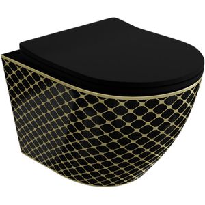 LAVITA® Compact Toiletpot Hangtoilet Sofi Slim Black Night - Zwart Mat/Goud - Hangend Rimless Randloos Toilet - Toiletbril Softclose zitting - Wandcloset Badkamer WC