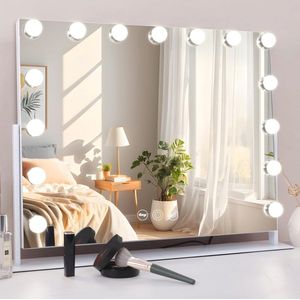 Grote Ijdelheid Make-Up Spiegel met Lichten en 10x Vergroting - Hollywood Spiegel met Dimbare LED Verlichting en USB-Laadpoort