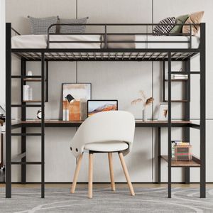 KOMHTOM Kinderbed Stapelbed 90x200 cm met bureau mezzanine bed met vier kleine planken en een grote zwarte boekenkast