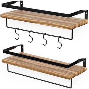 LifeGoods Zwevende Houten Wandplank Set met Handdoekhouder en 8 Haakjes | 2 Stuks | Industrieel | Geschikt voor Keuken, Woonkamer, Slaapkamer, Kinderkamer en als Muurdecoratie | 41cm | Bruin/Zwart