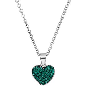 Lucardi Dames Stalen ketting hart met kristal emerald - Ketting - Staal - Zilverkleurig - 47 cm