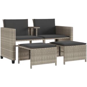 vidaXL Tuinbank 2-zits tafel en voetenbanken poly rattan lichtgrijs - Tuinbank - Tuinbanken - Tuinmeubel - Loungebank Tuin