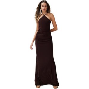 Trendyol Bruine Getailleerde Gebreide Lange Elegante Avondjurk Tprss24Ae00086