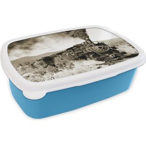 Broodtrommel Blauw - Lunchbox - Brooddoos - Een antieke stoomlocomotief - 18x12x6 cm - Kinderen - Jongen