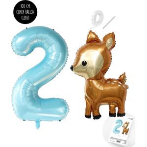 Snoes - Bambi Basis ballon set XXL Cijferballon Baby Blue 2 - Lief Hert + Cijfer Ballon 2 Jaar - Helium Geschikt