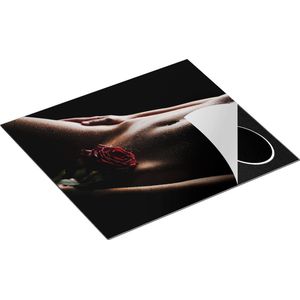 Chefcare Inductie Beschermer Naakte Vrouwenlichaam met een Rode Roos - Erotiek - 59x52 cm - Afdekplaat Inductie - Kookplaat Beschermer - Inductie Mat