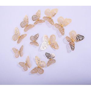 Cake topper decoratie vlinders of muur decoratie met plakkers 12 stuks goud - 3D vlinders - VL-03