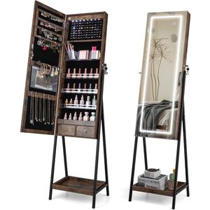 COSTWAY Sieradenkast met plank, spiegelkast afsluitbaar met full-body spiegel, 3 gekleurde ledlampen en 2 laden, vrijstaande sieradenorganizer voor slaapkamer, woonkamer