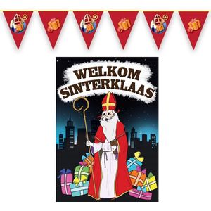 Sinterklaas versiering feestpakket inclusief 4x stuks vlaggenlijnen 10 meter en A1 deurposter