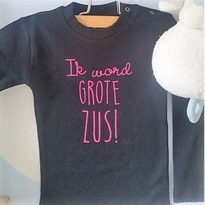 Shirt Ik word grote zus | lange mouw T-Shirt | zwart  met roze | maat 104 zwangerschap aankondiging bekendmaking Baby big sis sister