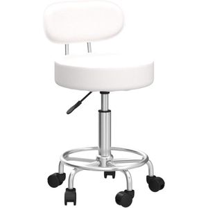 Rol kruk Schommelstoel Bureaustoel, Hoogte verstelbaar, Draaibare kruk met lage rugleuning en voetensteun, gemaakt van PU-leer Wit