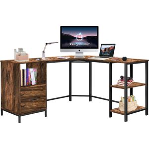 Xergonomic Industrieel hoekbureau met kastje– Stalen frame met houten hoekbureaublad – Stevige laptoptafel – 150x137x75 cm - Zwart/Hout