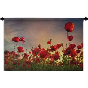 Wandkleed Klaproos - Kleurrijke lucht boven een veld Klaprozen in Denemarken Wandkleed katoen 180x120 cm - Wandtapijt met foto XXL / Groot formaat!