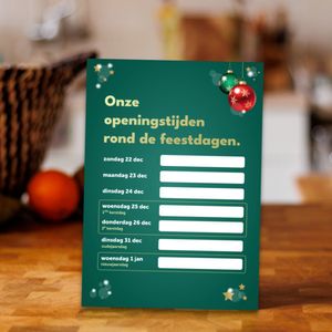 Baliebordje | Openingstijdenbord winkel | Feestdagen | Openingstijden feestdagen | Kerst openingstijden | Winkel baliebordje | Groen beschrijfbaar baliebord | A4 formaat | Fotofabriek