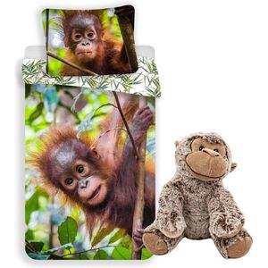 Dekbedovertrek Orang Oetan baby- 140x200cm- katoen- incl. knuffel Aap 22 cm