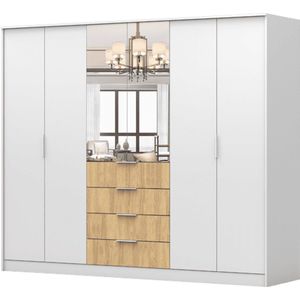 Kledingkast WETA 230 cm - 6-deurs draaideurkast met spiegel en lades - Garderobekast voor slaapkamer en hal