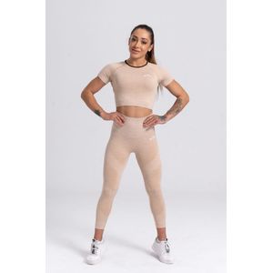 Mives® Sportlegging en Top - yoga-outfit - Fitness set - Scrunch Butt - Dames Legging - Sportkleding - Fashion legging - Broeken - Gym Sports - Legging Fitness Wear - High Waist - BEIGE - maat M - KORTE MOUWEN