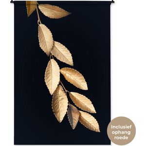 Wandkleed Golden leaves staand - Hangende gouden bladeren op een zwarte achtergrond Wandkleed katoen 120x180 cm - Wandtapijt met foto XXL / Groot formaat!