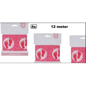 4x Afzetlint baby voetjes 12 meter roze/wit - Decoratie markeer lint geboorte meisje baby fun