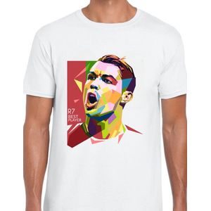 Cristiano Ronaldo Uniseks T-Shirt - wit - Maat M - Korte mouwen - Ronde hals - Normale pasvorm - CR7 - Voetbal - Voor mannen & vrouwen - Kado - Veldman prints & packaging
