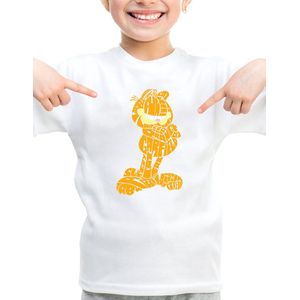 Kinder T-shirt met Garfield-afbeelding in zwart en wit | Leuk en comfortabel - Wit - Maat 122/128 - T-Shirt leeftijd 7 tot 8 jaar - Grappige teksten - Cadeau - Shirt cadeau - Groetjes tekst- verjaardag
