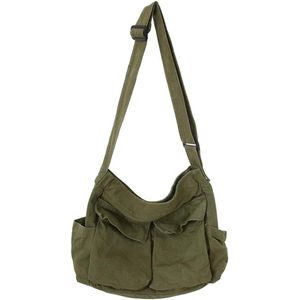 Canvas schoudertas - 40 x 34 cm - Canvas tassen - Grote capaciteit - Schoudertas - Crossbody Tas - Met Meerdere Zakken - Geschikt voor Dames en Heren - Legergroen